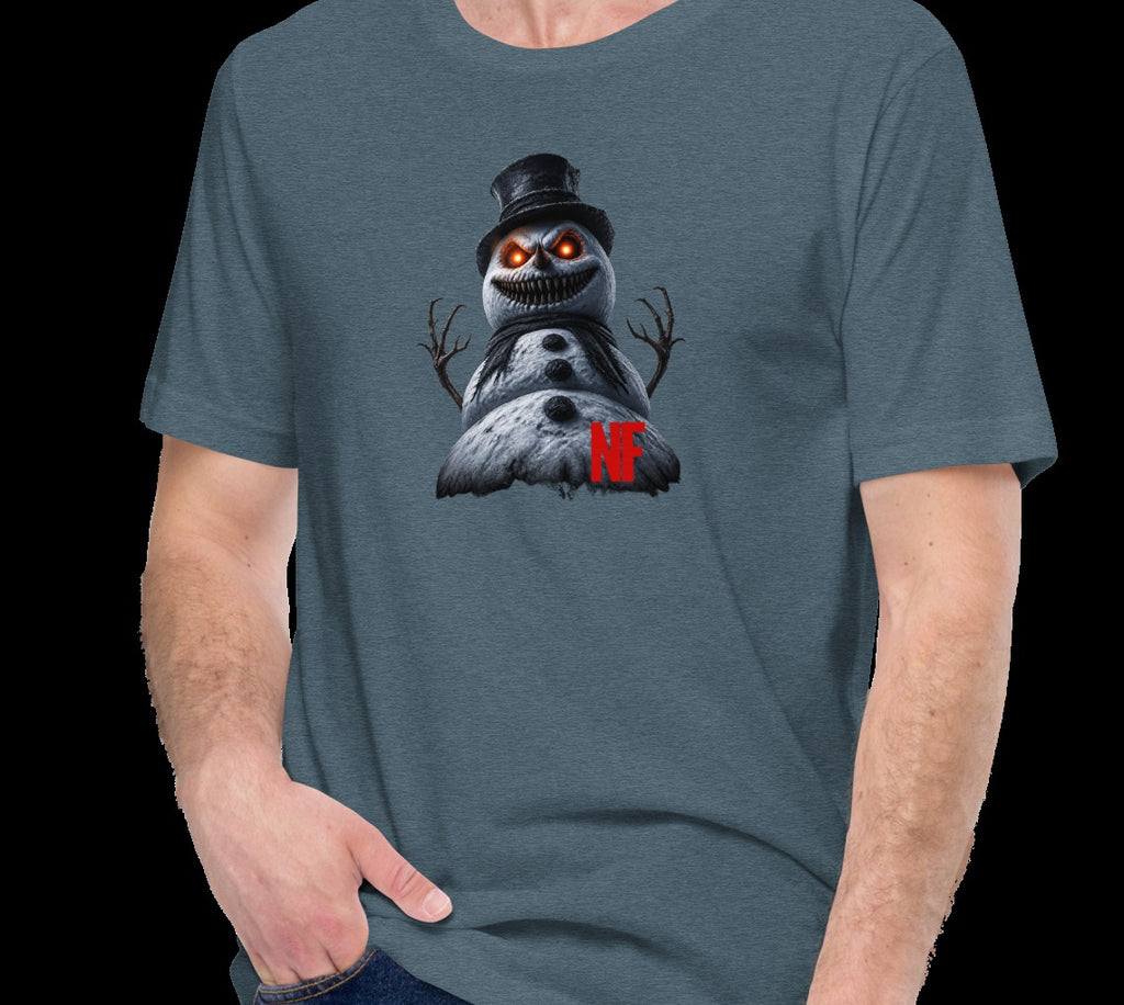 Horrible Snowman Unisex Tee, Heather Slate, model wearing tee