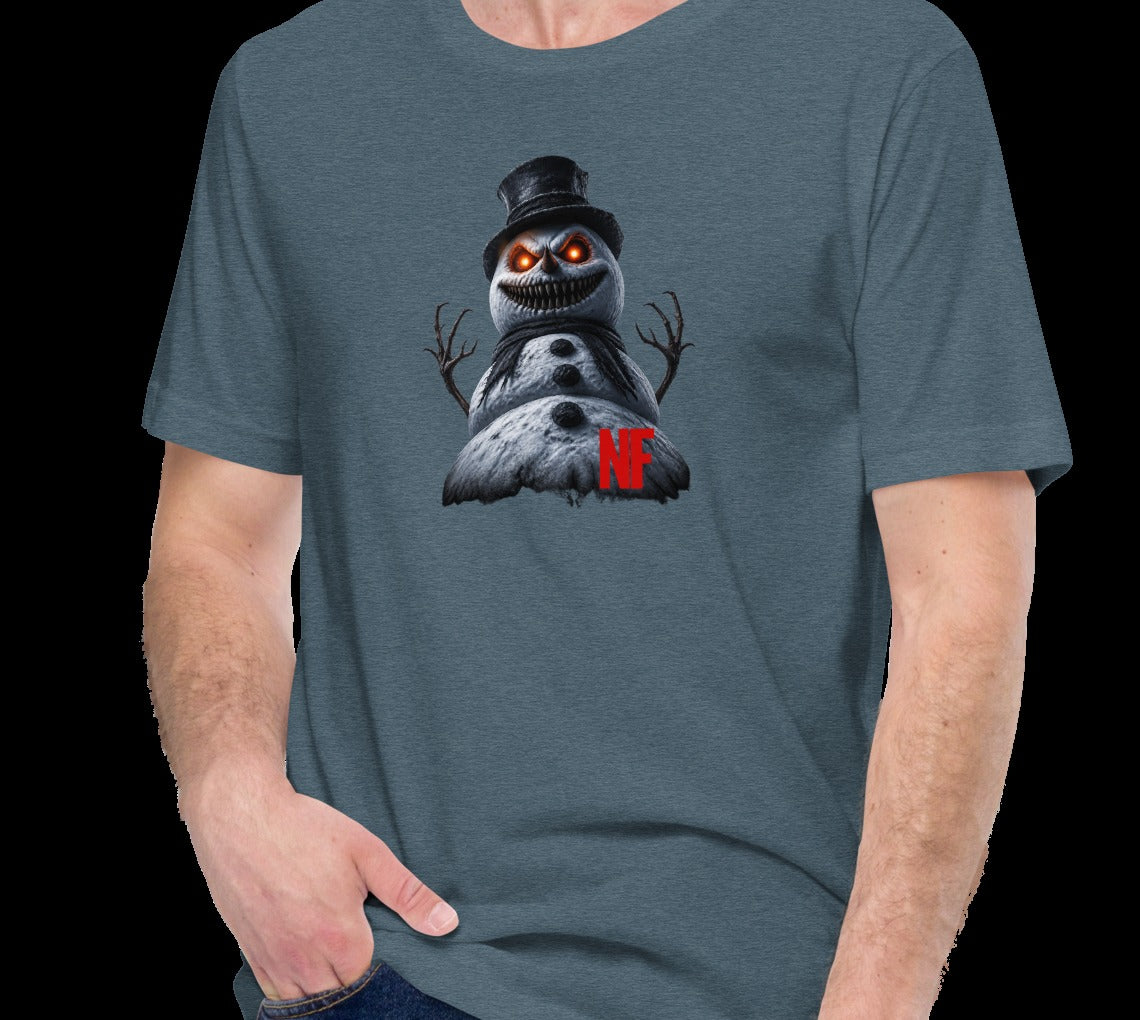 Horrible Snowman Unisex Tee, Heather Slate, model wearing tee