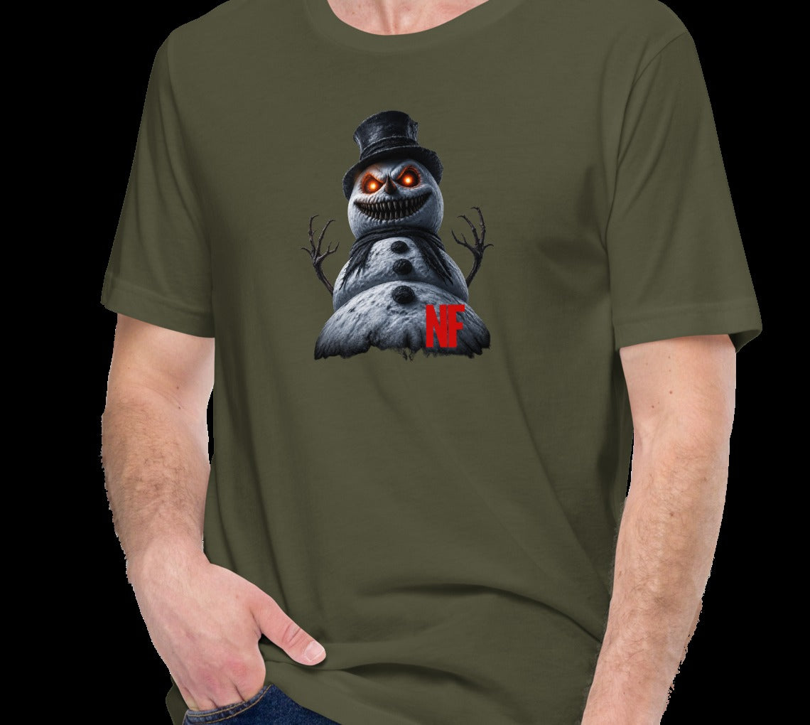 Horrible Snowman Unisex Tee, Military Green, model wearing tee