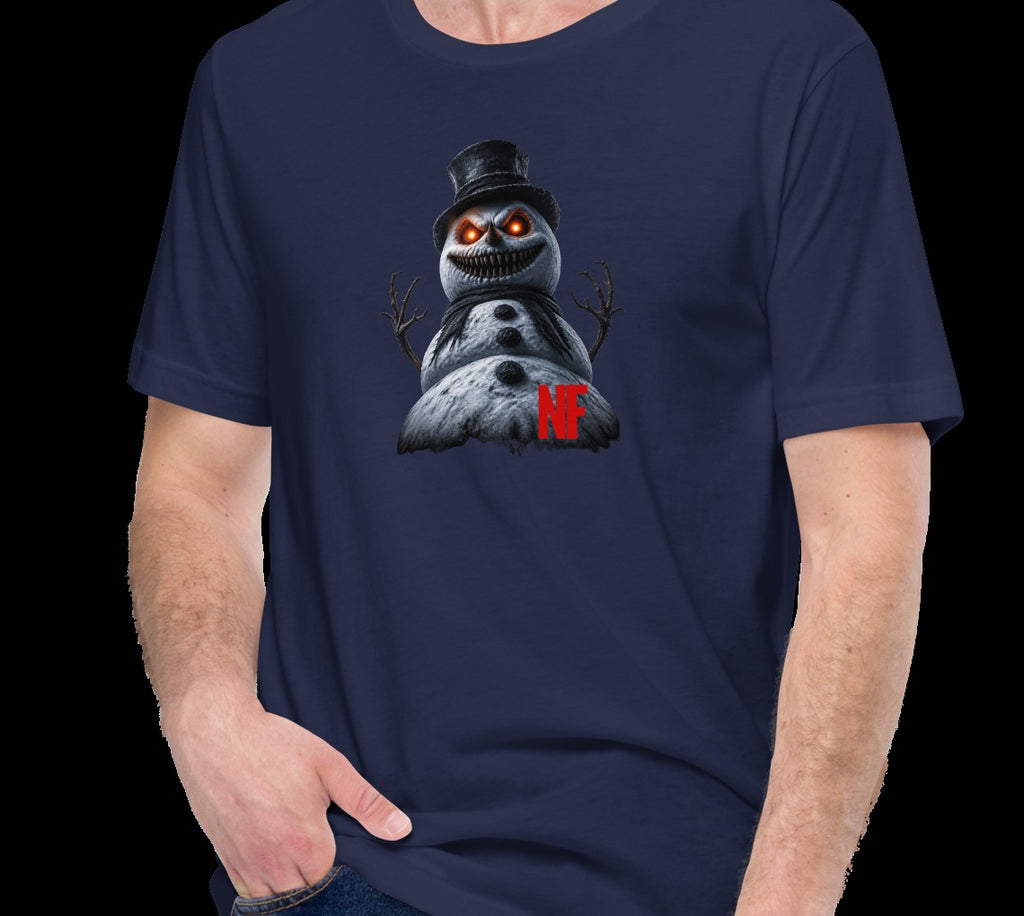 Horrible Snowman Unisex Tee, Navy, model wearing tee