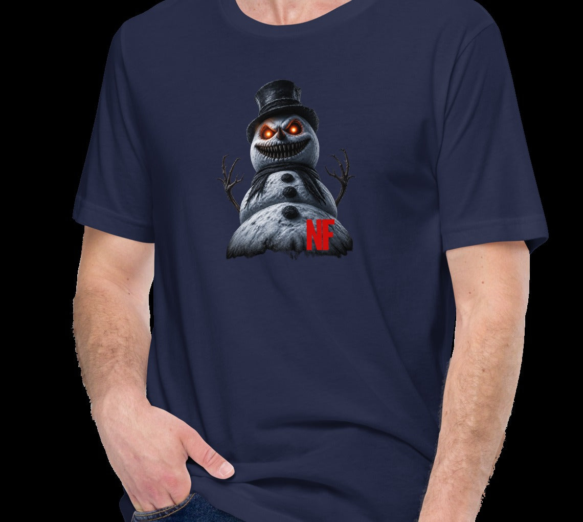 Horrible Snowman Unisex Tee, Navy, model wearing tee