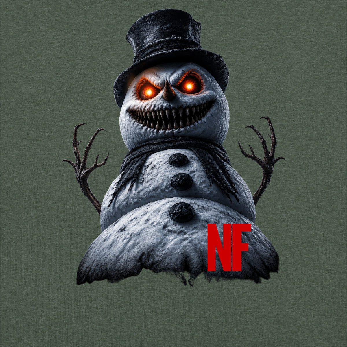 Horrible Snowman Unisex Long Sleeve Tee, Heather Forest, close-up