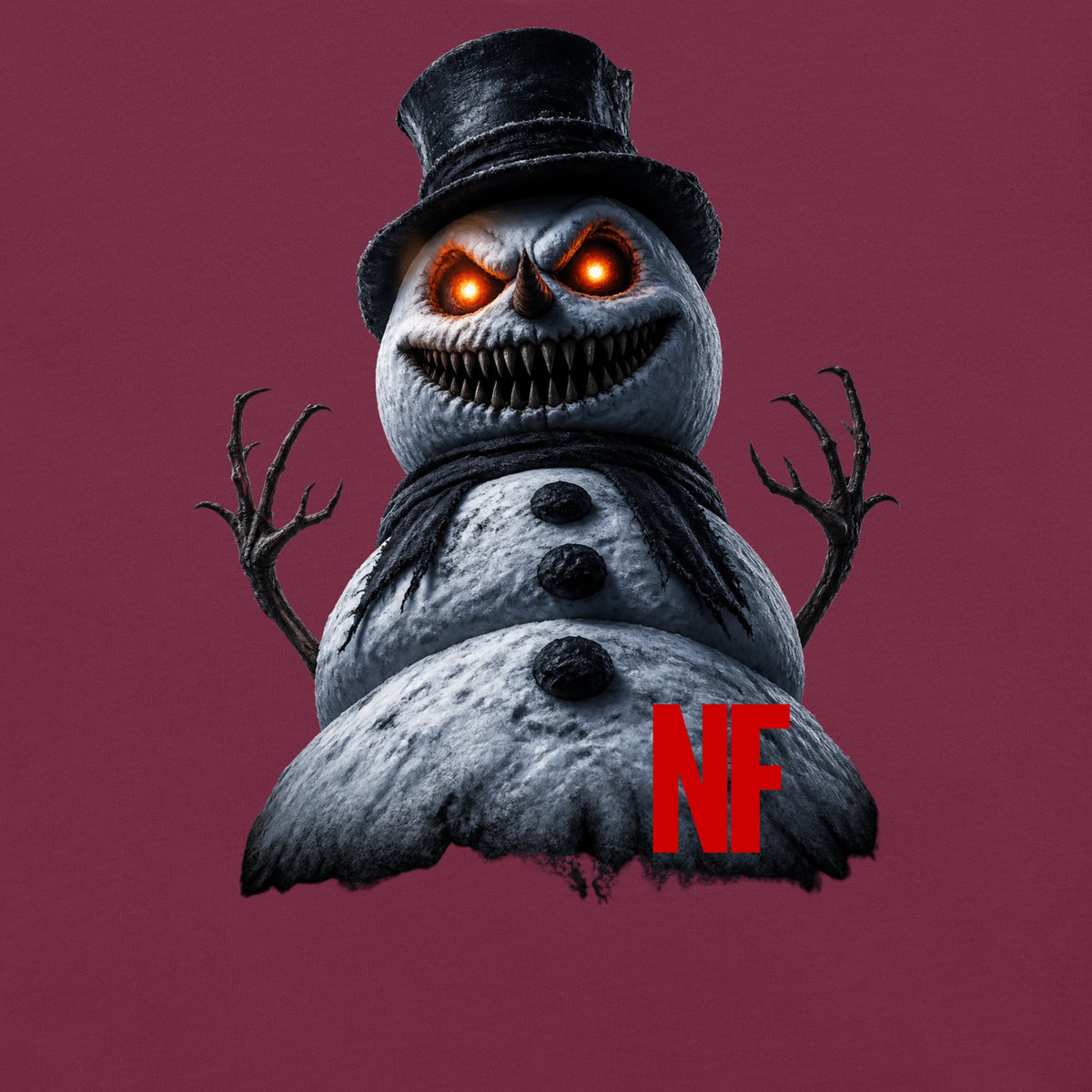 Horrible Snowman Unisex Long Sleeve Tee, Maroon, close-up
