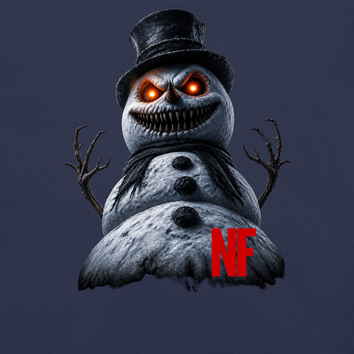 Horrible Snowman Unisex Long Sleeve Tee, Navy, close-up