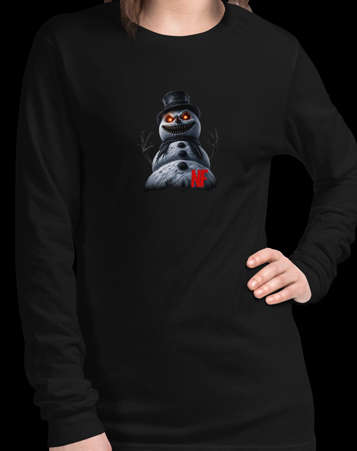 Horrible Snowman Unisex Long Sleeve Tee, Black, model wearing shirt