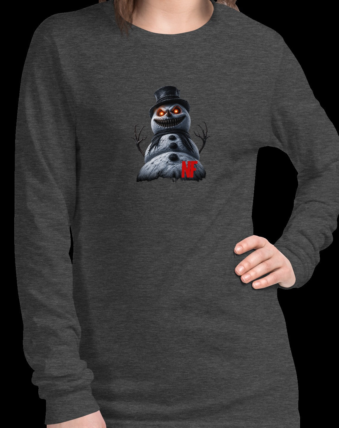 Horrible Snowman Unisex Long Sleeve Tee, Dark Grey Heather, model wearing shirt