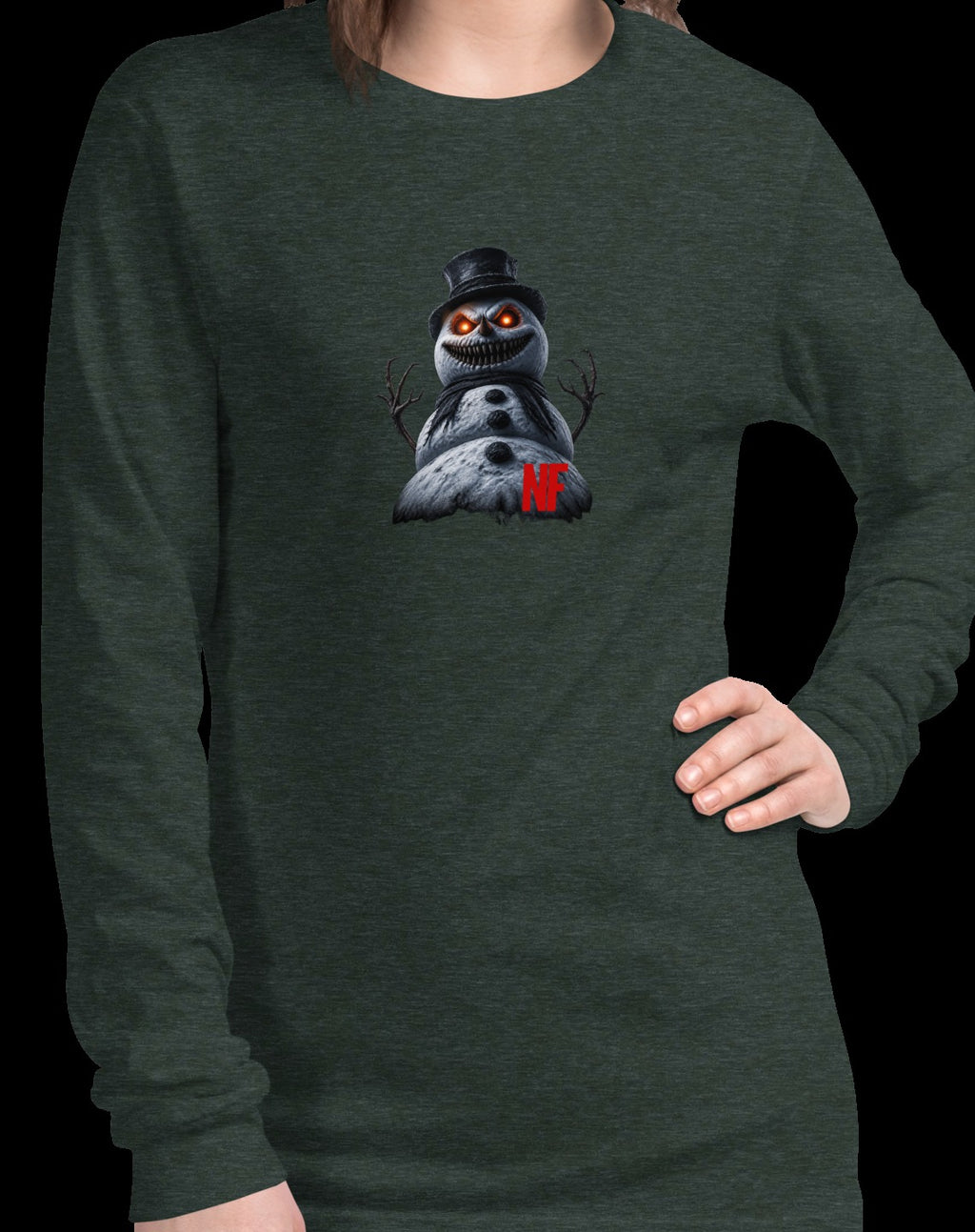 Horrible Snowman Unisex Long Sleeve Tee, Heather Forest, model wearing shirt