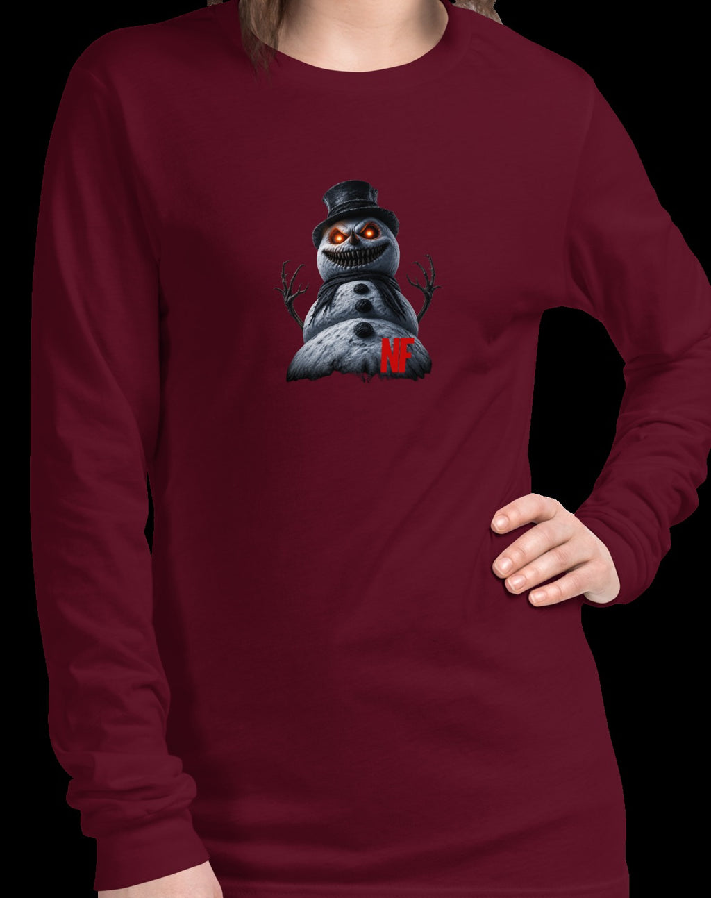 Horrible Snowman Unisex Long Sleeve Tee, Maroon, model wearing shirt