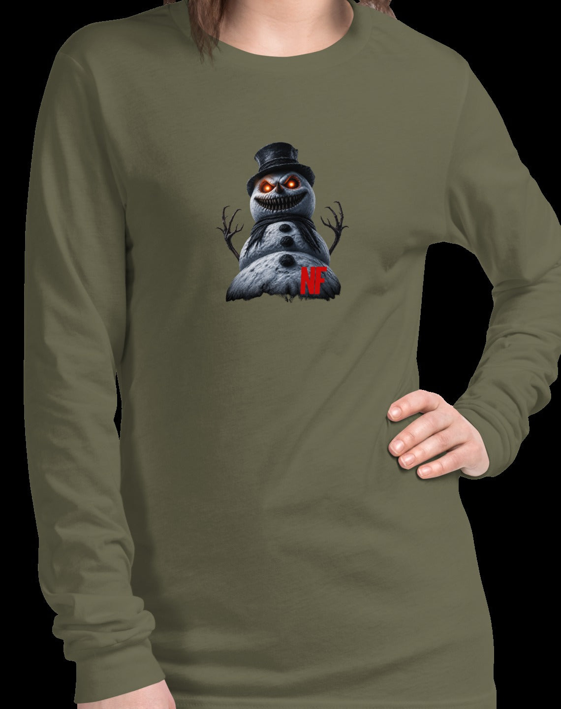 Horrible Snowman Unisex Long Sleeve Tee, Military Green, model wearing shirt