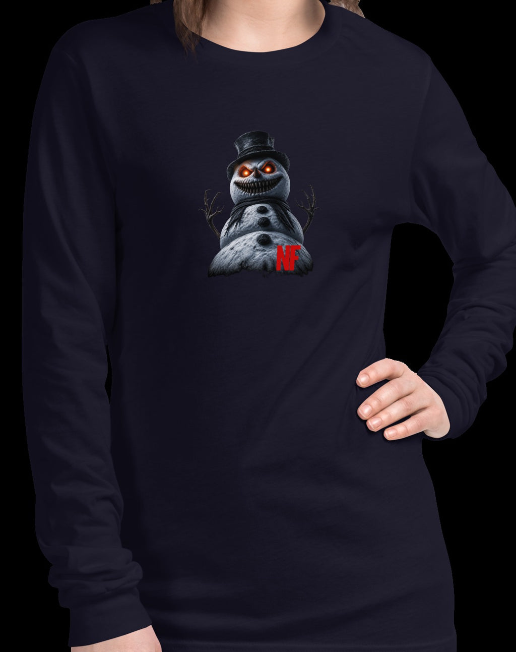 Horrible Snowman Unisex Long Sleeve Tee, Navy, model wearing shirt