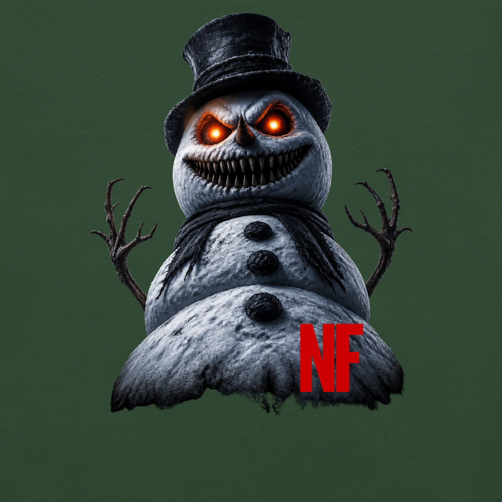 Horrible Snowman Women's Tee, Forest Green, close-up