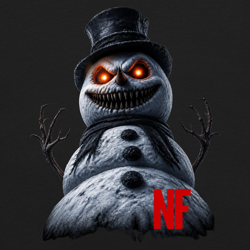 Horrible Snowman Unisex Long Sleeve Tee, Black, close-up