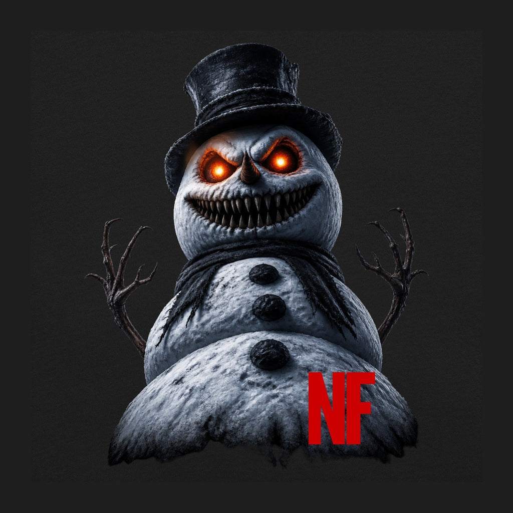 Horrible Snowman Unisex Long Sleeve Tee, Black, close-up
