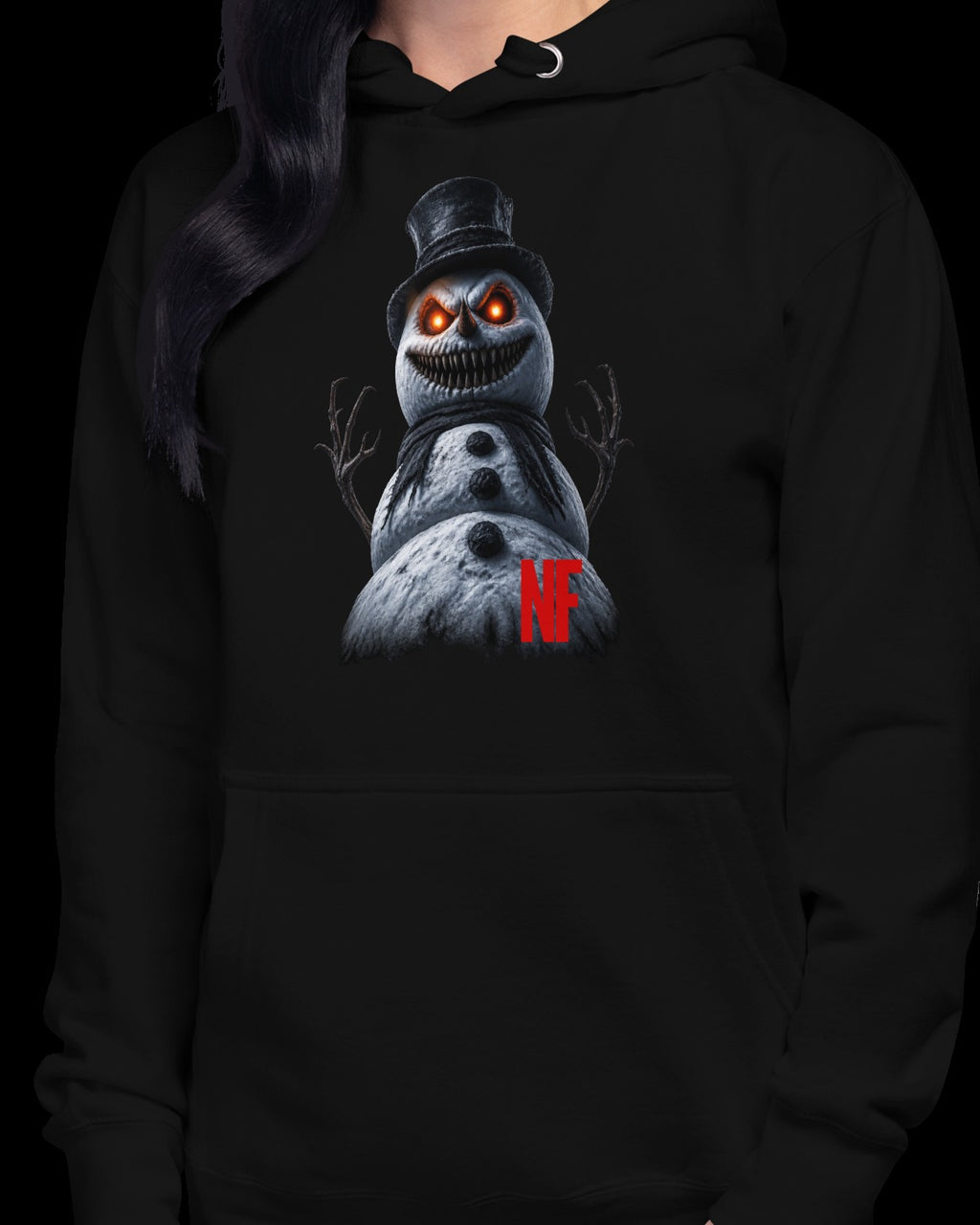 Horrible Snowman Unisex Hoodie, Black, model wearing hoodie
