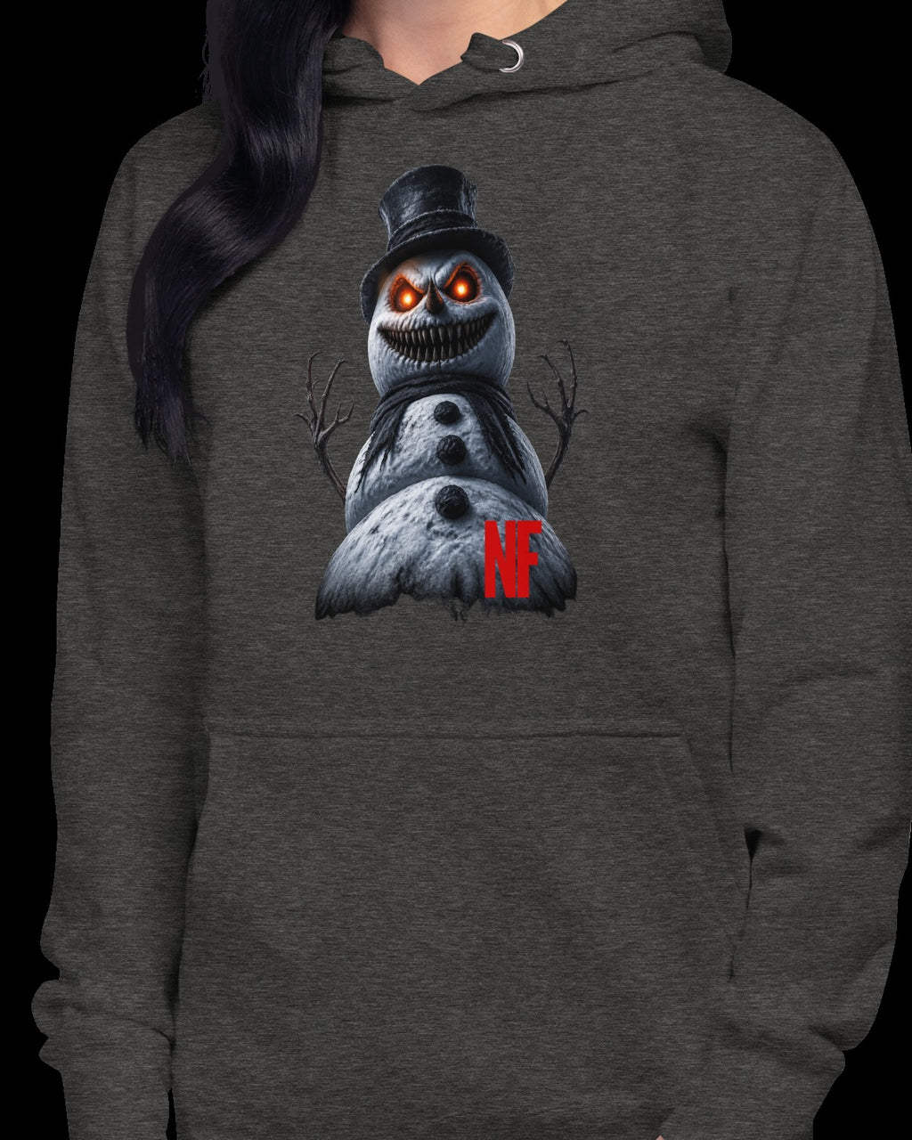Horrible Snowman Unisex Hoodie, Charcoal Heather, model wearing hoodie