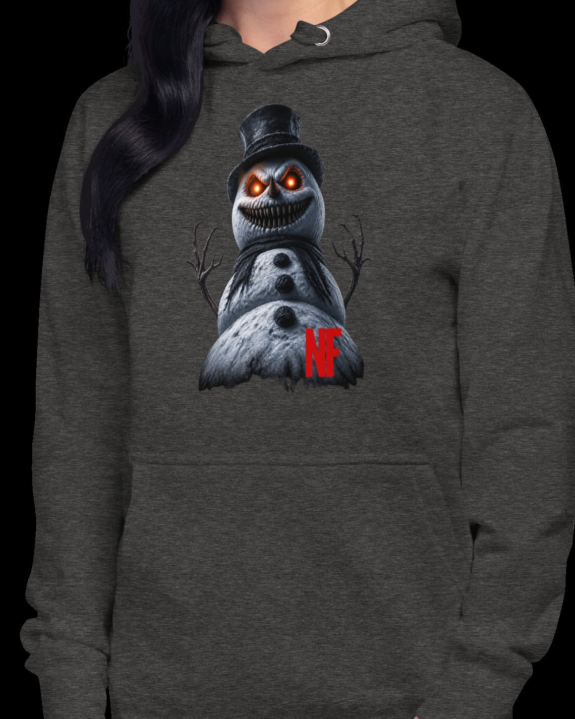 Horrible Snowman Unisex Hoodie, Charcoal Heather, model wearing hoodie