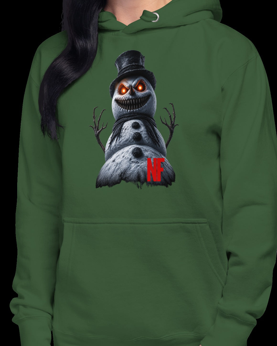 Horrible Snowman Unisex Hoodie, Forest Green, model wearing hoodie