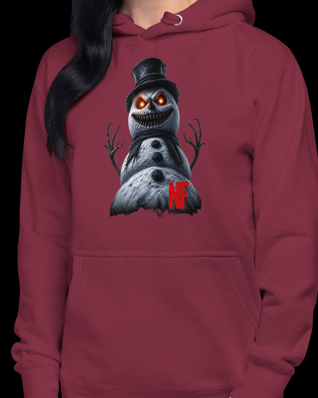 Horrible Snowman Unisex Hoodie, Maroon, model wearing hoodie