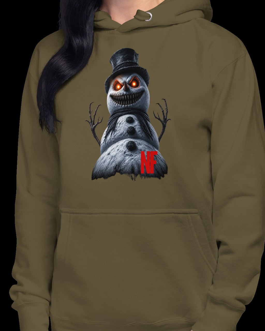 Horrible Snowman Unisex Hoodie, Military Green, model wearing hoodie