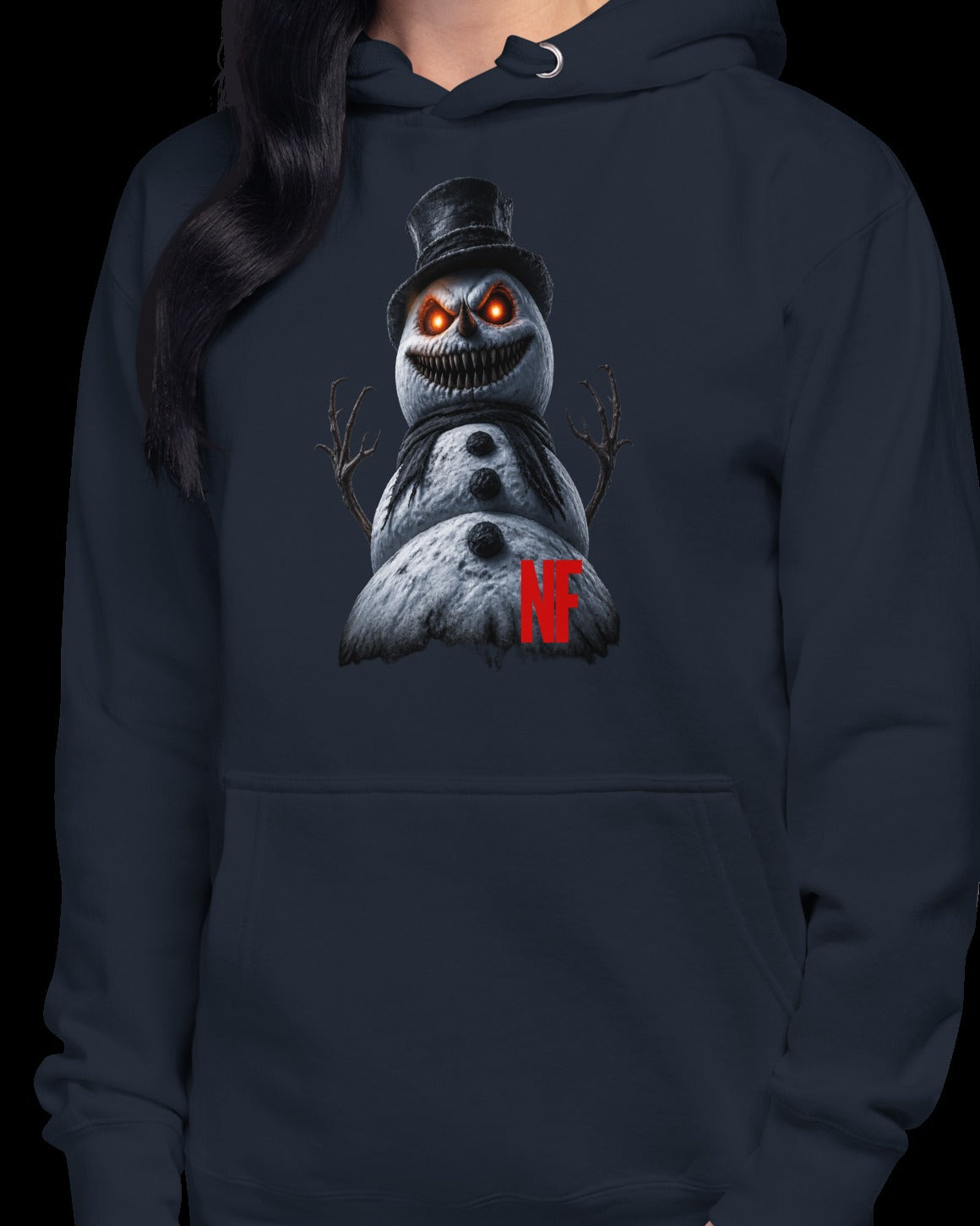 Horrible Snowman Unisex Hoodie, Navy Blazer, model wearing hoodie