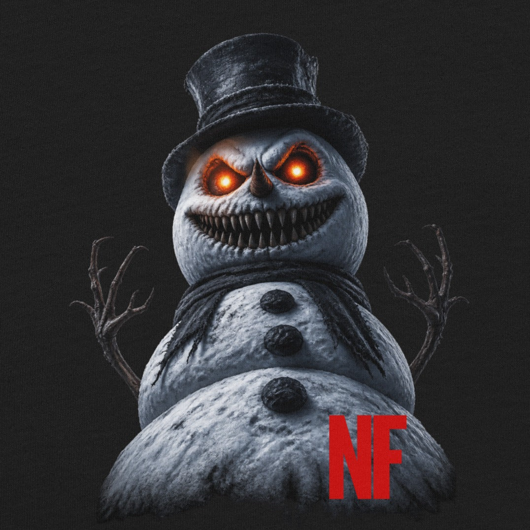 Horrible Snowman Unisex Tee, Black, close-up