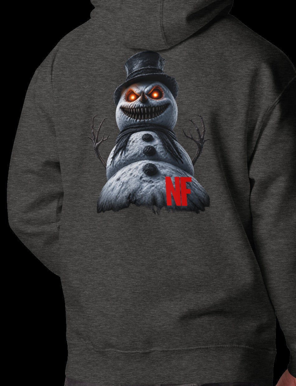 Horrible Snowman Signature Hoodie, Charcoal Heather, back, model wearing hoodie