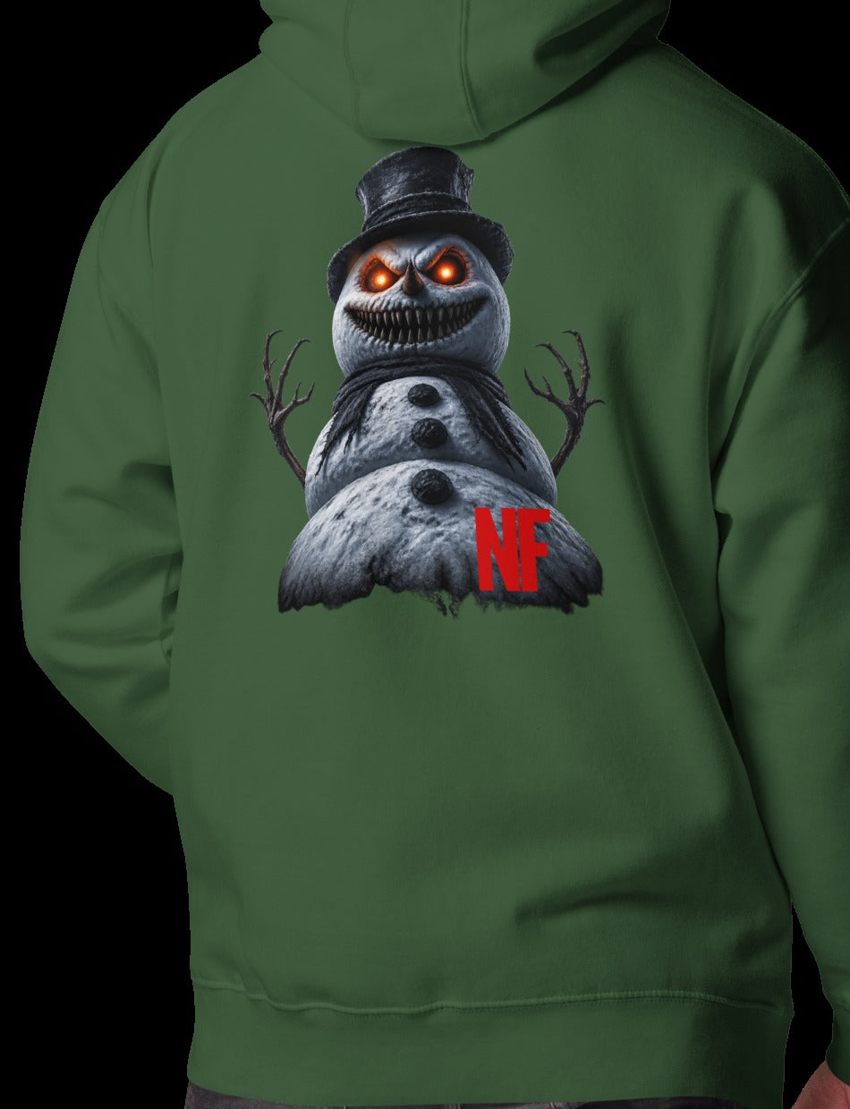 Horrible Snowman Signature Hoodie, Forest Green, back, model wearing hoodie
