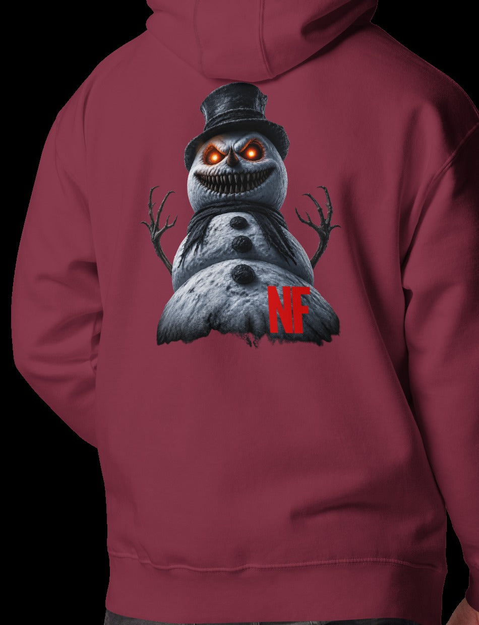 Horrible Snowman Signature Hoodie, Maroon, back, model wearing hoodie