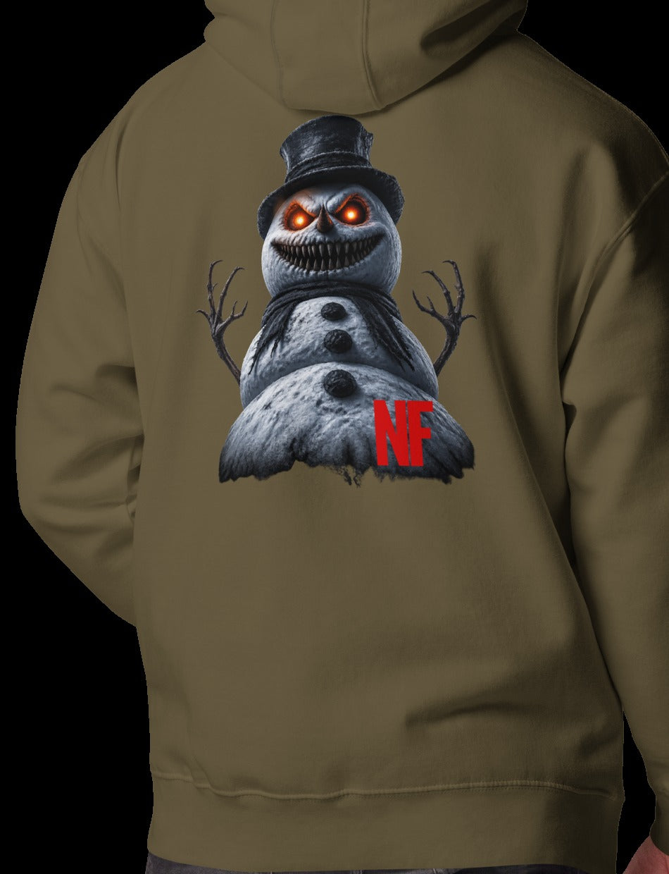 Horrible Snowman Signature Hoodie, Military Green, back, model wearing hoodie