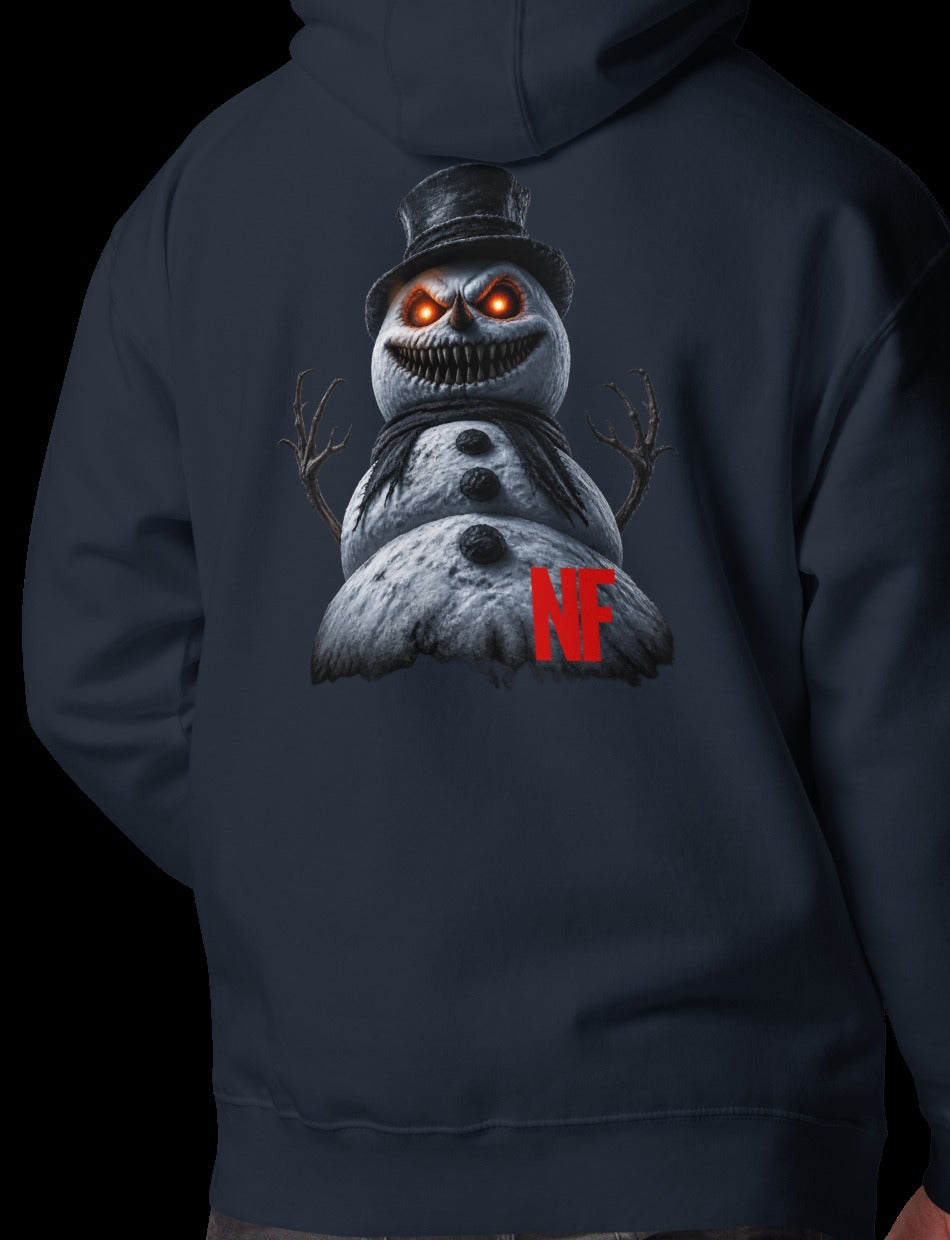 Horrible Snowman Signature Hoodie, Navy Blazer, back, model wearing hoodie