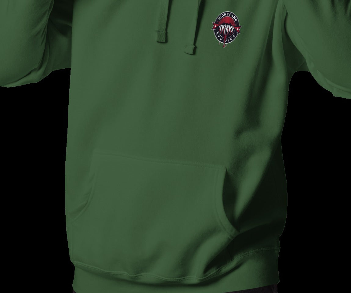 Horrible Snowman Signature Hoodie, Forest Green, front, model wearing hoodie