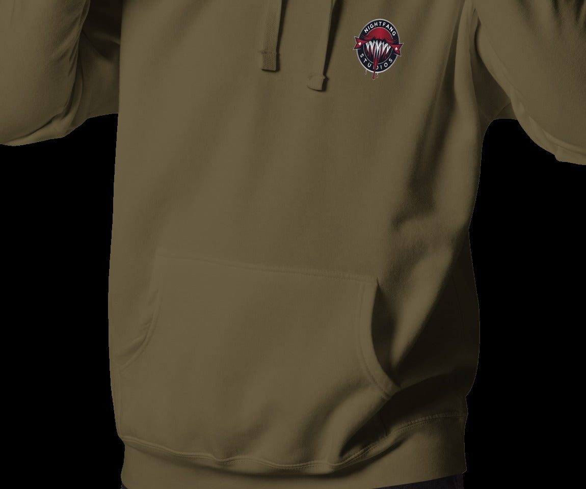 Horrible Snowman Signature Hoodie, Military Green, front, model wearing hoodie