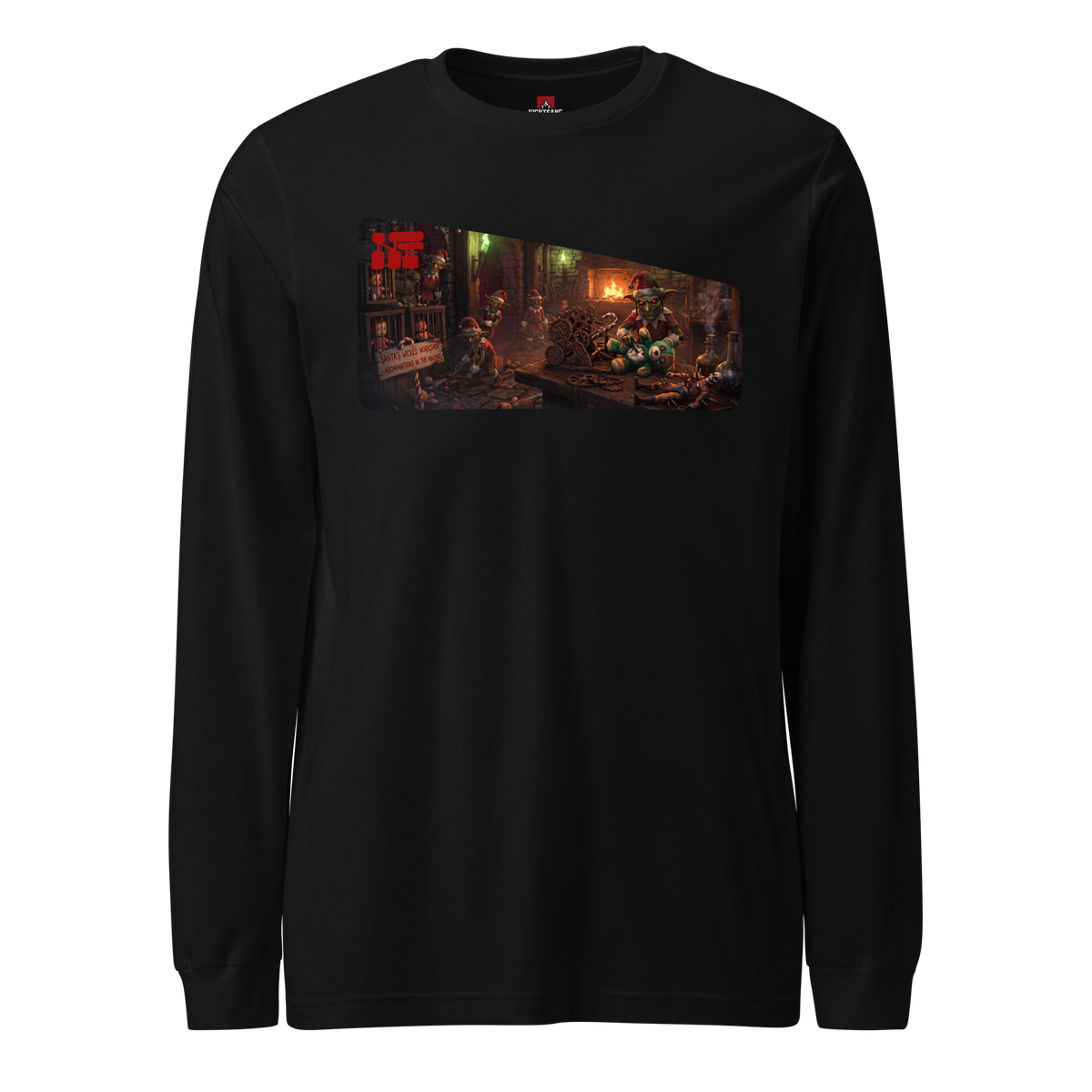 Santa's Wicked Workshop Unisex Long Sleeve Tee, Black, flat front