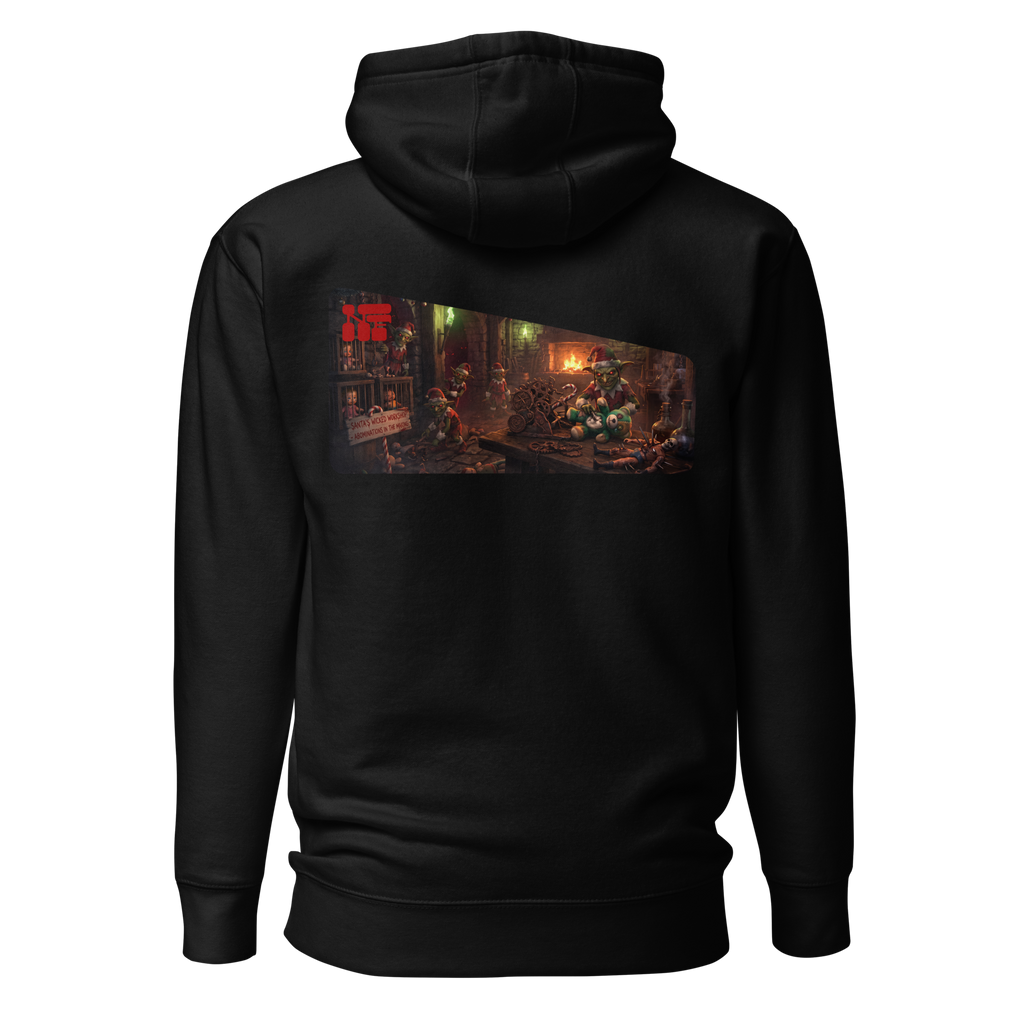 Santa's Wicked Workshop Signature Front & Back Unisex Hoodie, Black, flat back