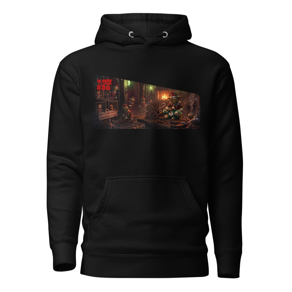 Santa's Wicked Workshop Unisex Hoodie, Black, flat front