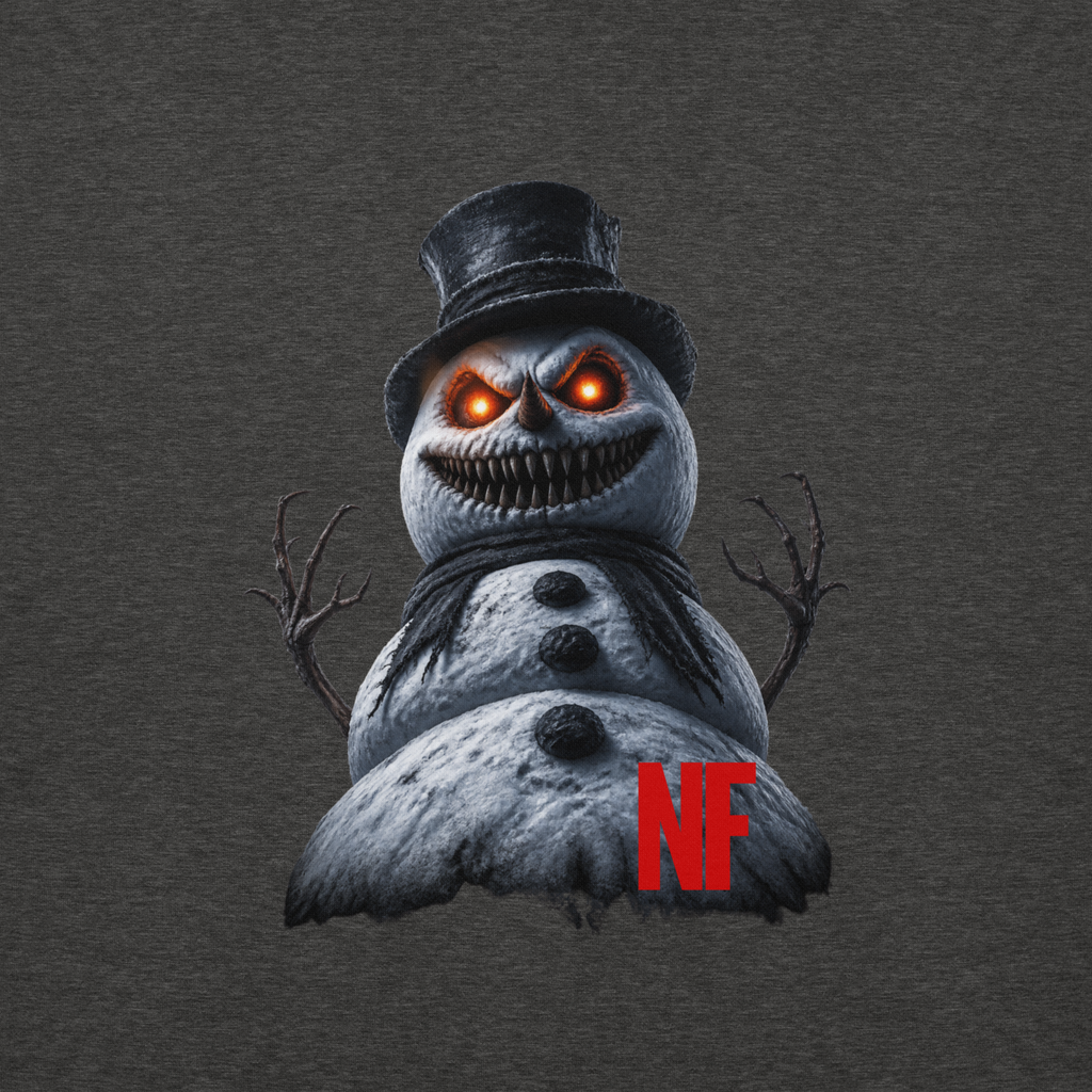 Horrible Snowman Unisex Hoodie, Charcoal Heather, close-up