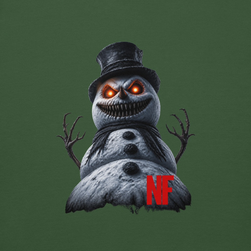 Horrible Snowman Unisex Hoodie, Forest Green, close-up