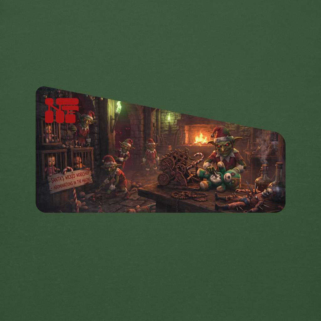 Santa's Wicked Workshop Unisex Hoodie, Forest Green, flat front