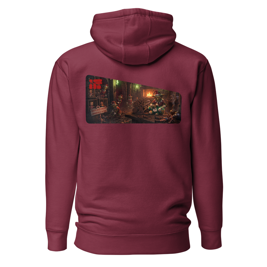 Santa's Wicked Workshop Signature Front & Back Unisex Hoodie, Maroon, flat back