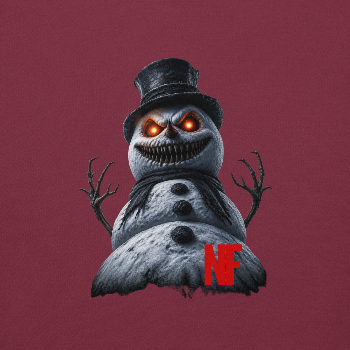 Horrible Snowman Unisex Hoodie, Maroon, close-up