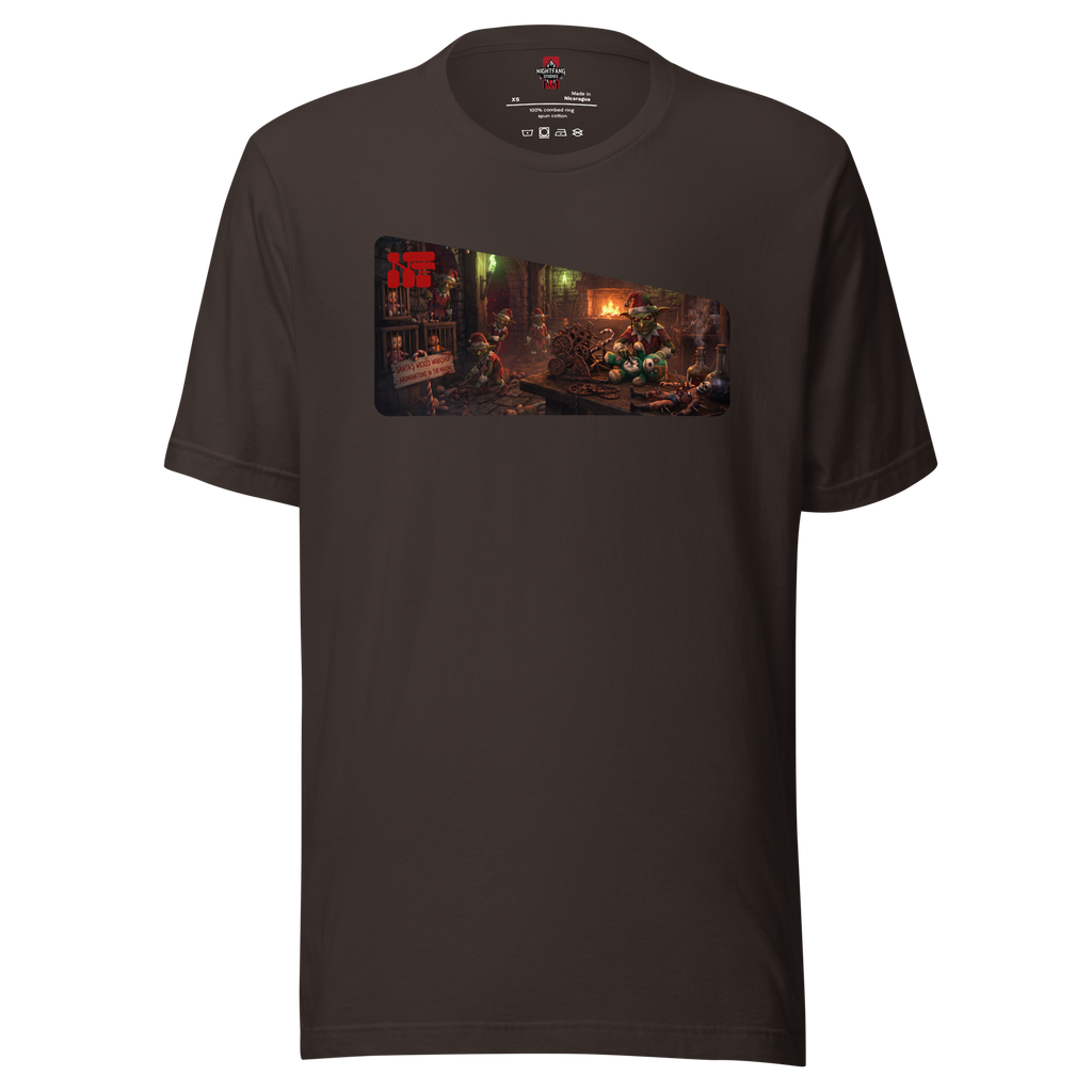 Santa's Wicked Workshop Unisex Tee, Brown, flat front