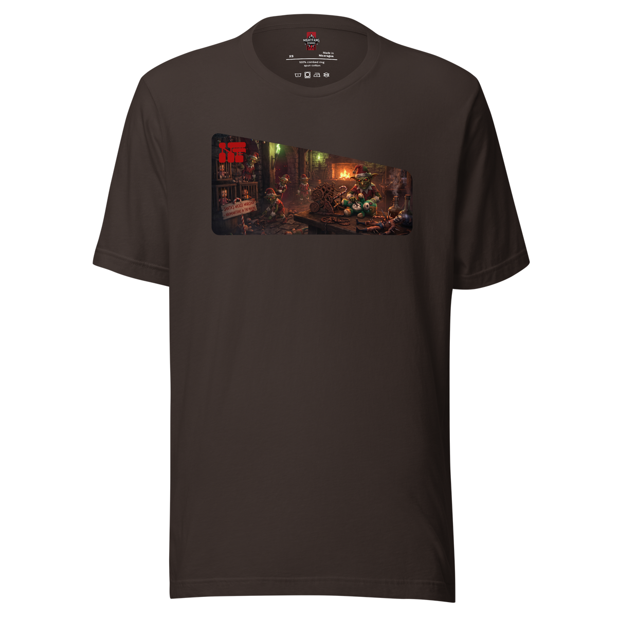 Santa's Wicked Workshop Unisex Tee, Brown, flat front