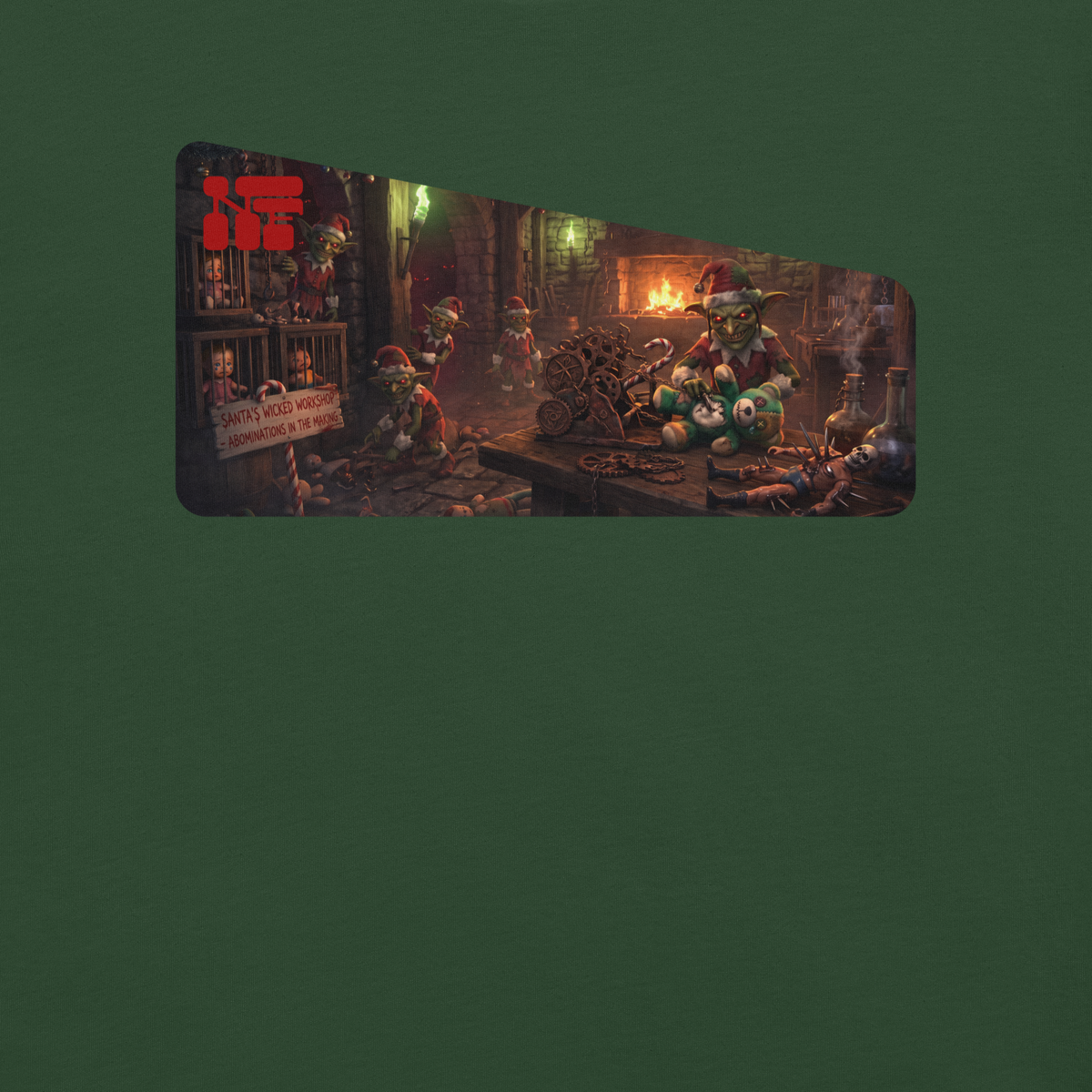 Santa's Wicked Workshop Unisex Tee, Forest, flat front