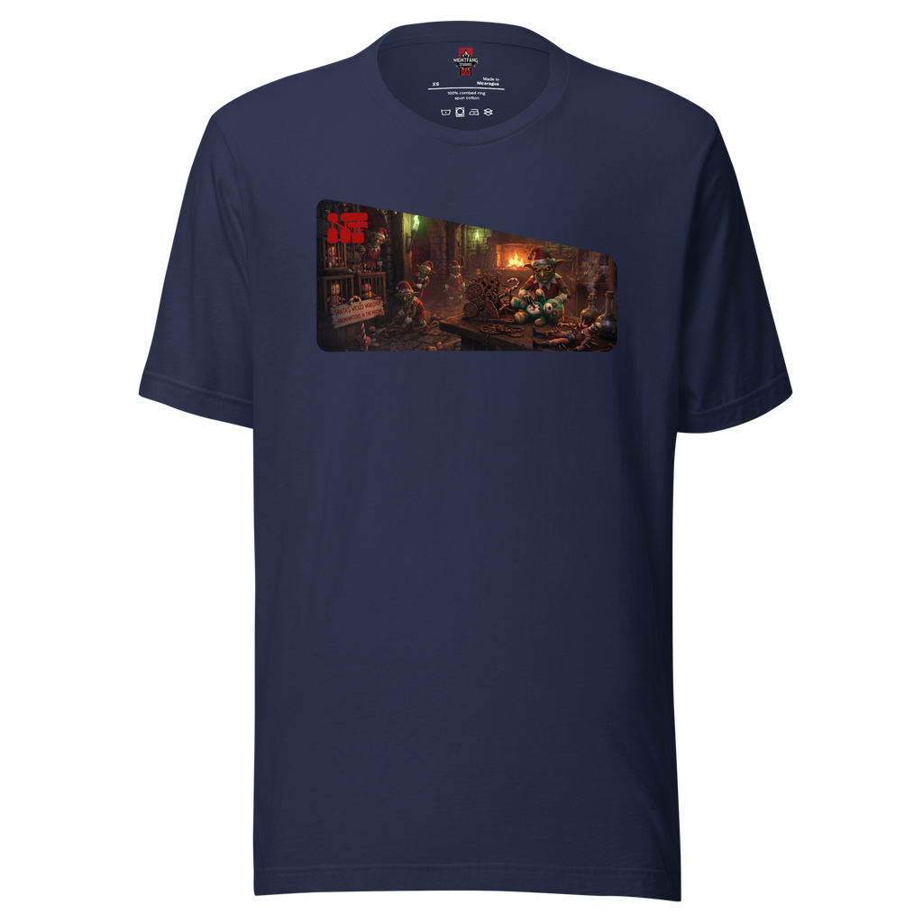 Santa's Wicked Workshop Unisex Tee, Navy, flat front