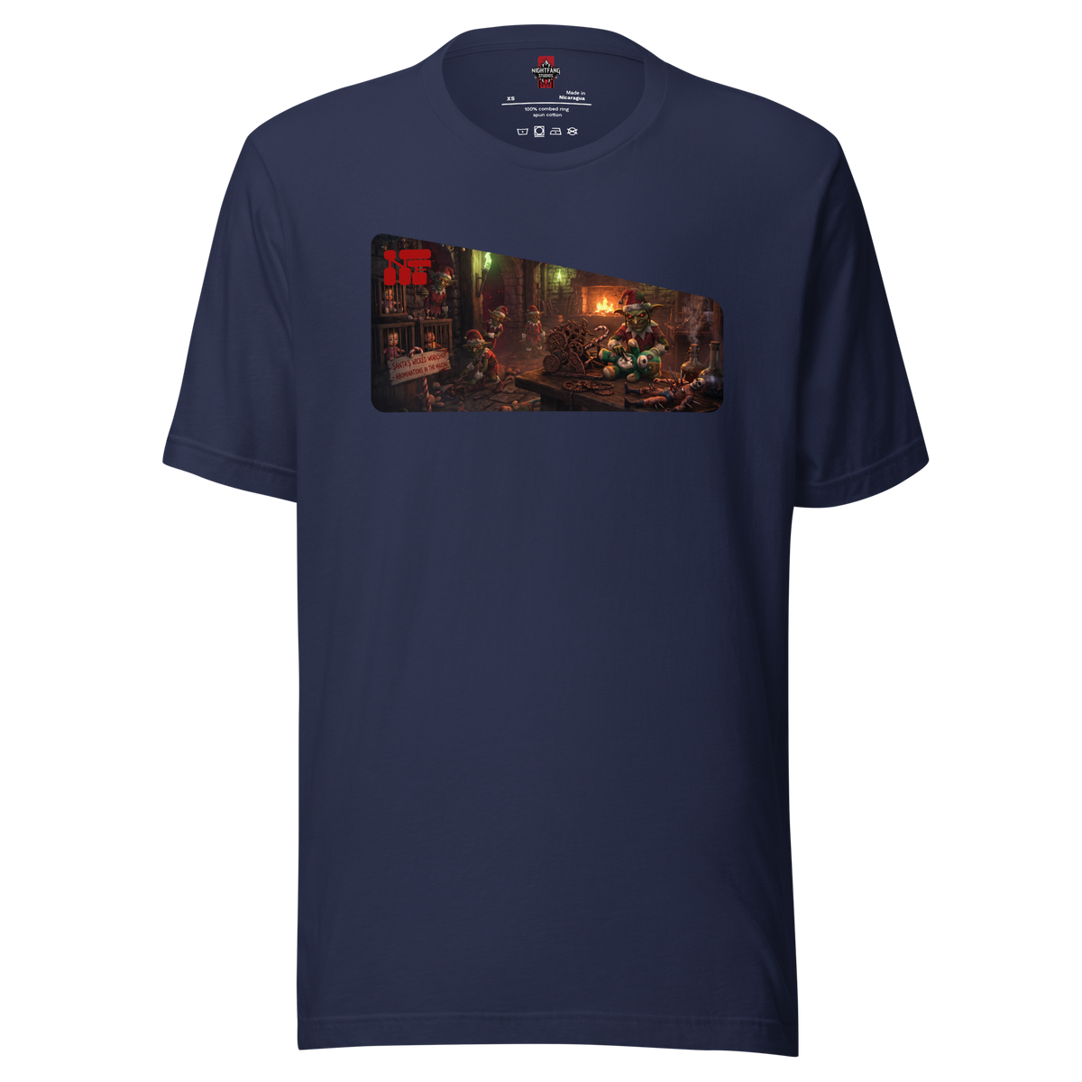 Santa's Wicked Workshop Unisex Tee, Navy, flat front