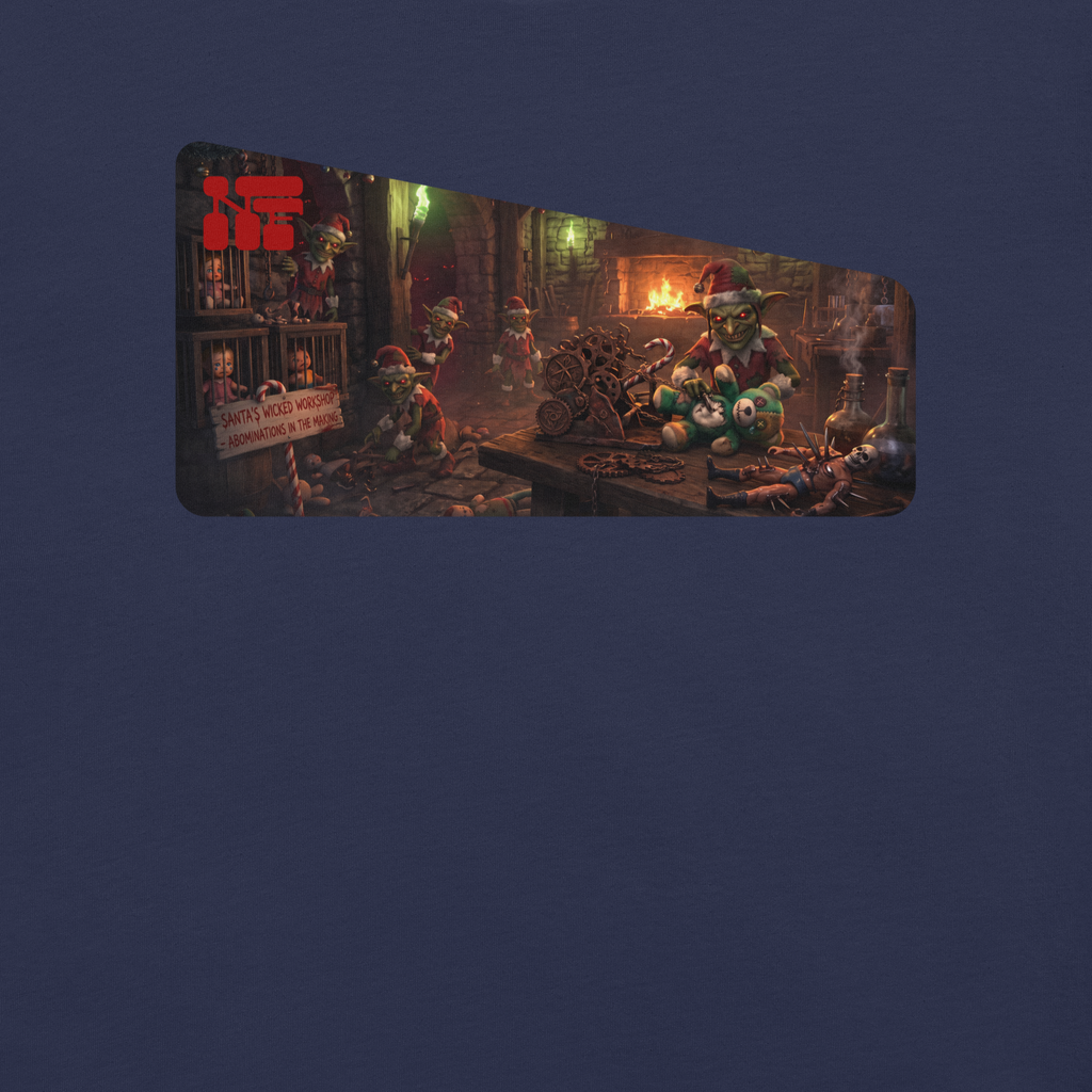 Santa's Wicked Workshop Unisex Tee, Navy, flat front