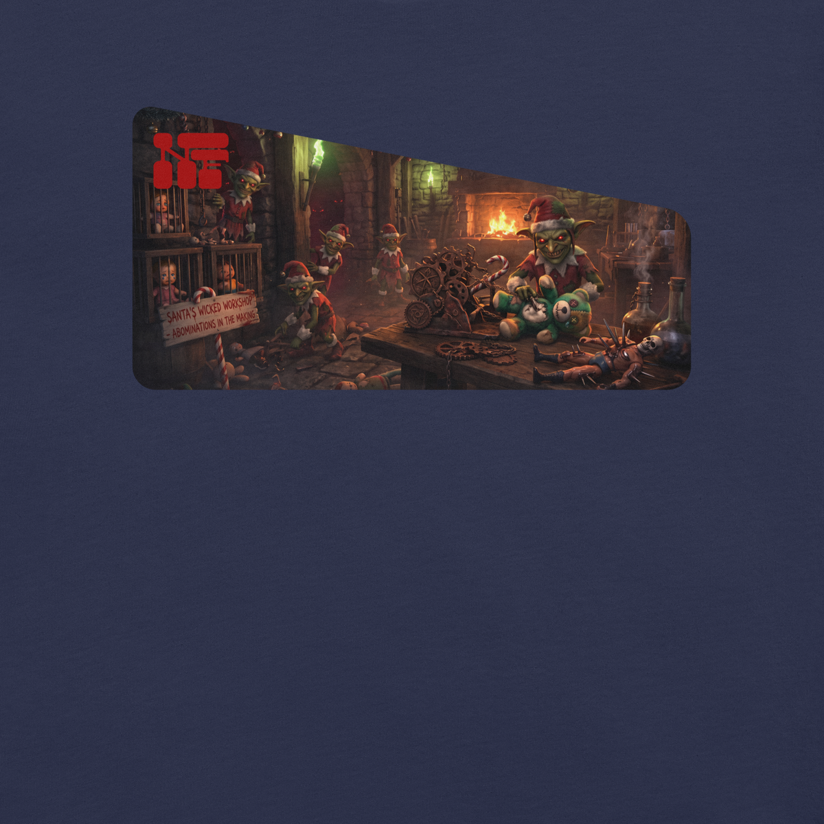 Santa's Wicked Workshop Unisex Tee, Navy, flat front