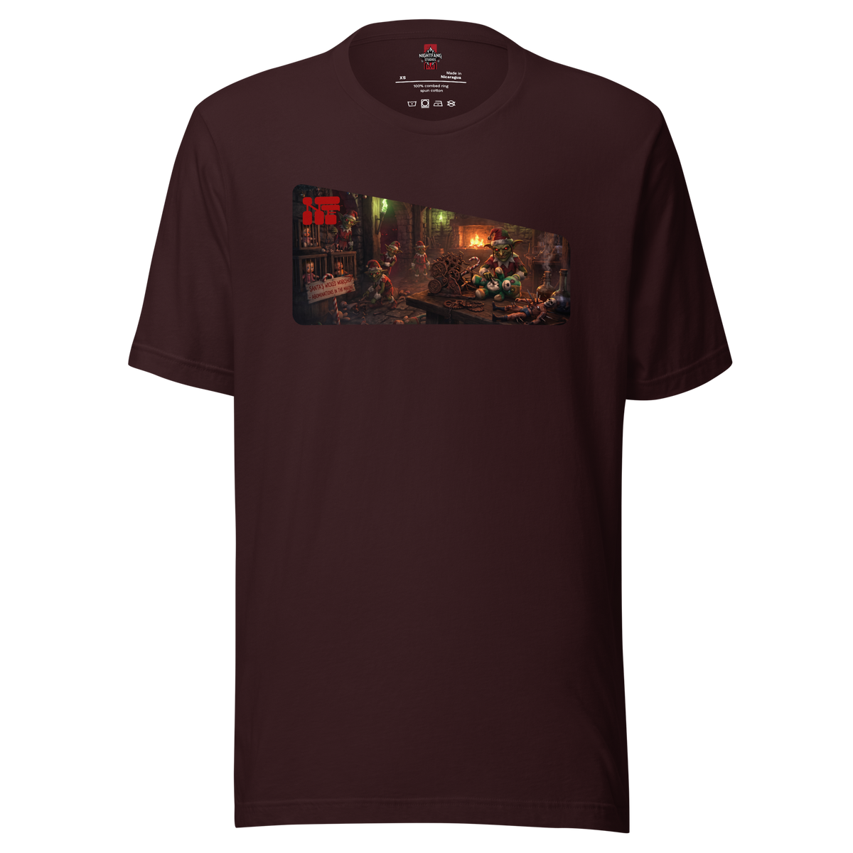 Santa's Wicked Workshop Unisex Tee, Oxblood Black, flat front