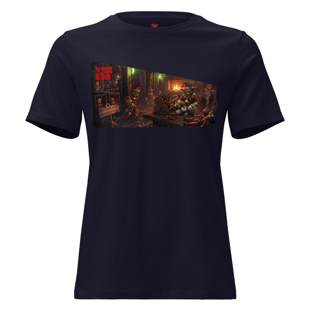 Santa's Wicked Workshop Women's Tee, Navy, flat front