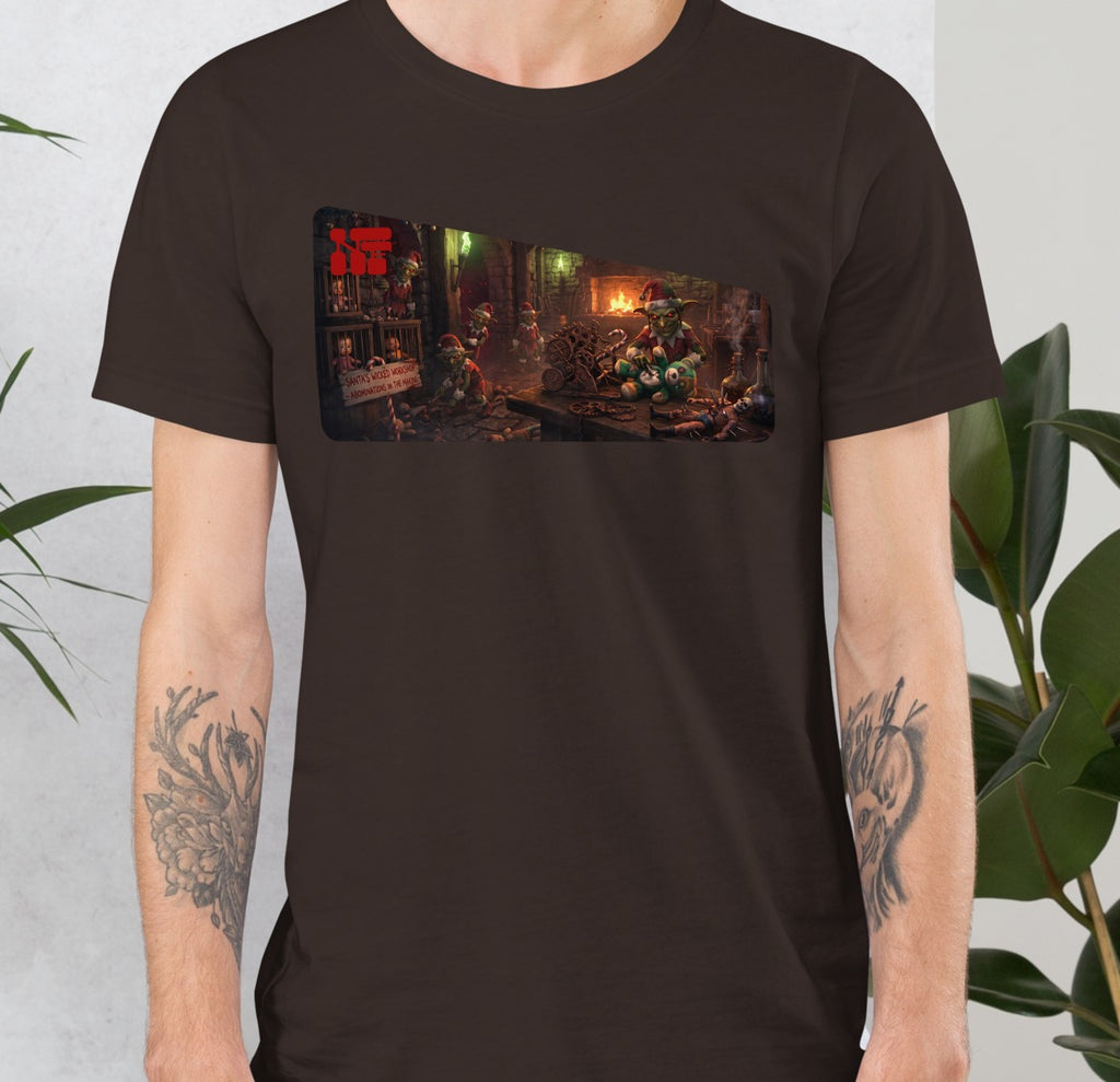 Santa's Wicked Workshop Unisex Tee, Brown, model wearing shirt